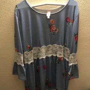 Blue stripe lace floral top